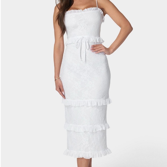 bebe Dresses & Skirts - Elegant White Lace Dress with Ruffle Details